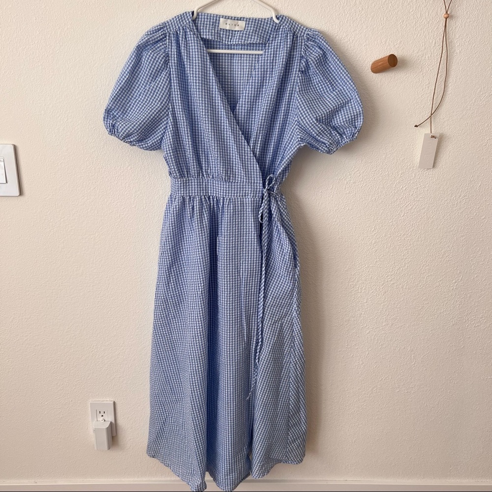 Olive cotton gingham puff sleeve wrap dress